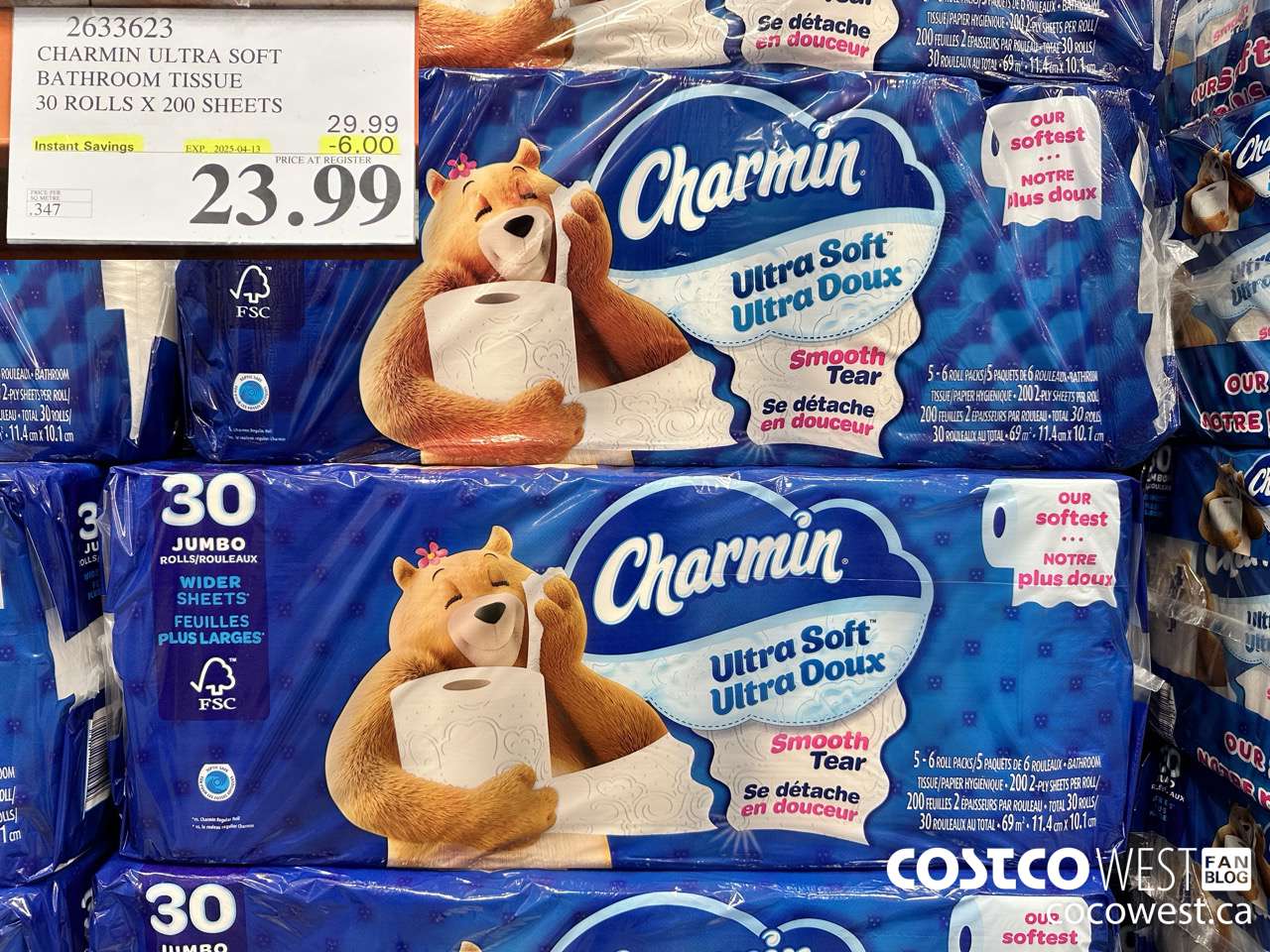2633623 CHARMIN ULTRA SOFT BATHROOM TISSUE 30 ROLLS X 200 SHEETS ($6.00 INSTANT SAVINGS EXPIRES ON 2025-04-13) $23.99