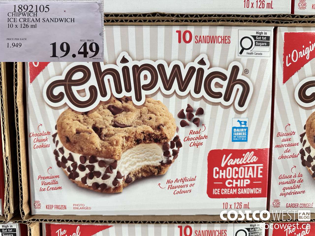 1892105 CHIPWICH ICE CREAM SANDWICH 10 X 126ML $19.49