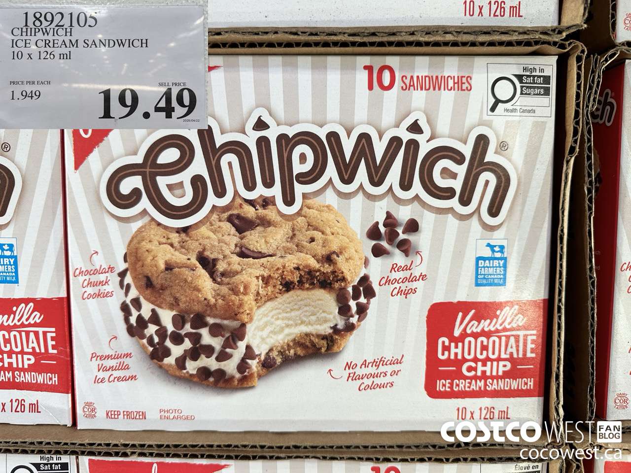 1892105 CHIPWICH ICE CREAM SANDWICH 10 X 126ML $19.49