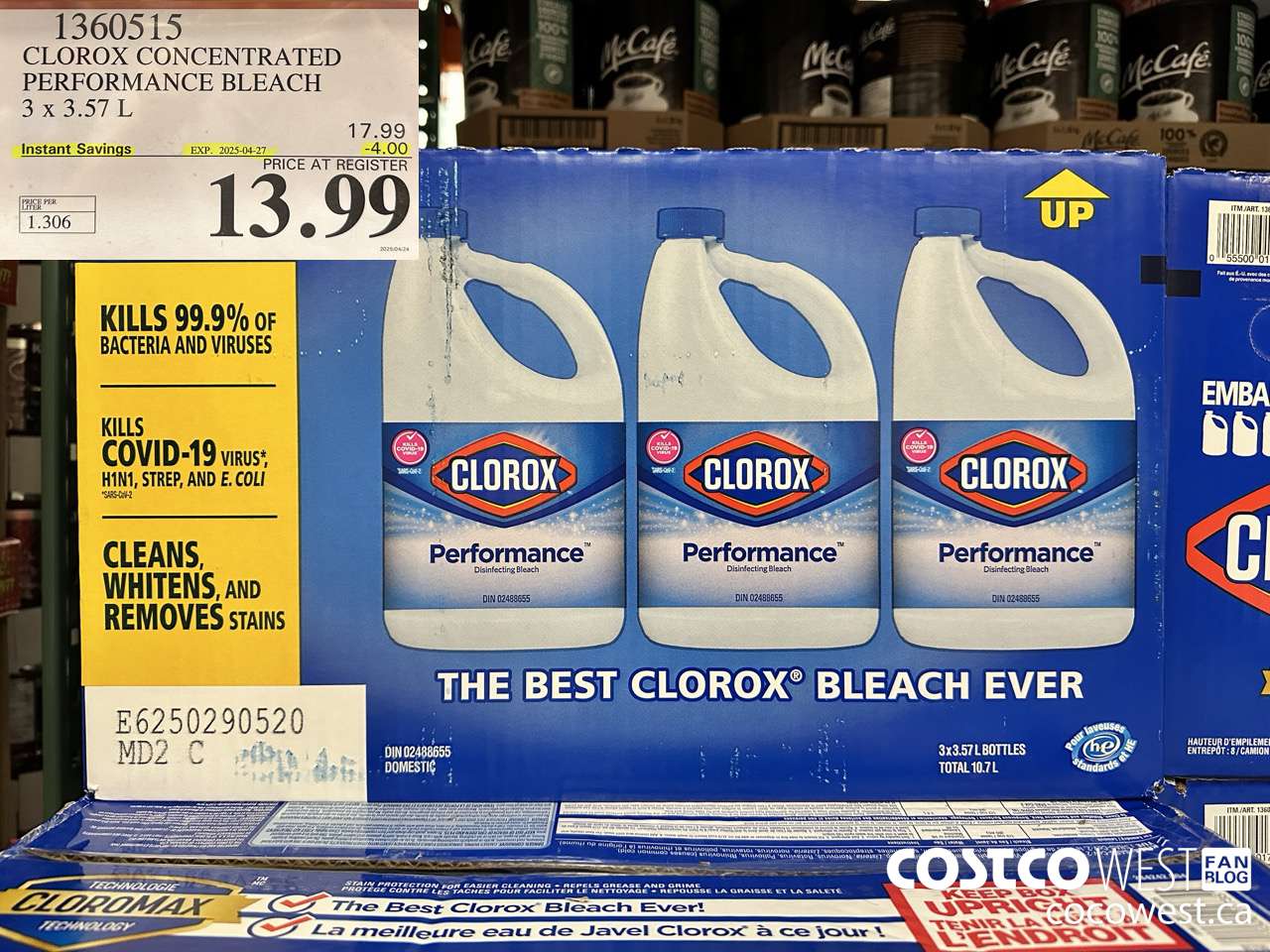 1360515 CLOROX CONCENTRATED PERFORMANCE BLEACH 3 x 3.57 L ($4.00 INSTANT SAVINGS EXPIRES ON 2025-04-27) $13.99