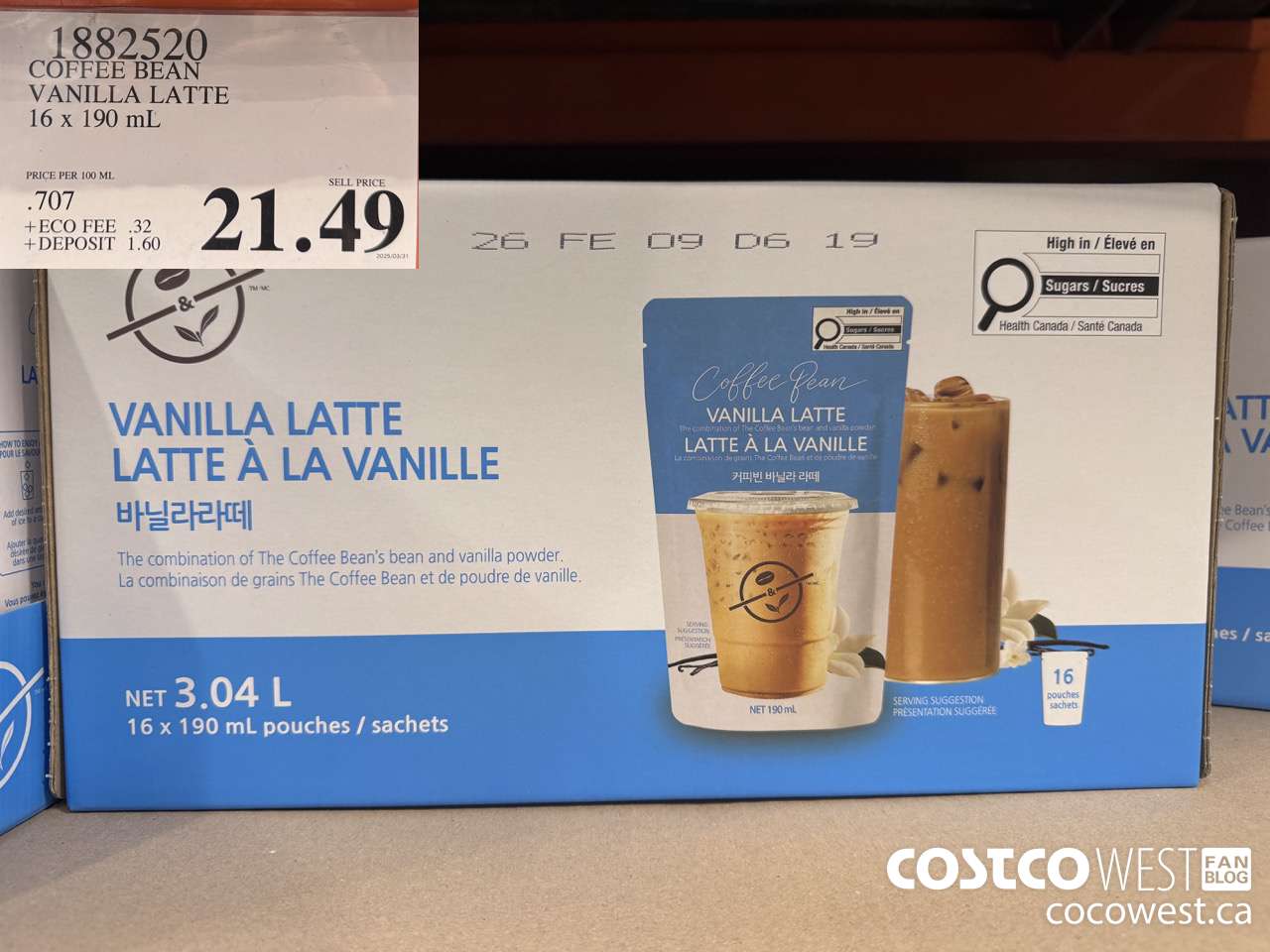 1882520 COFFEE BEAN VANILLA LATTE 16 X 190ML $21.49