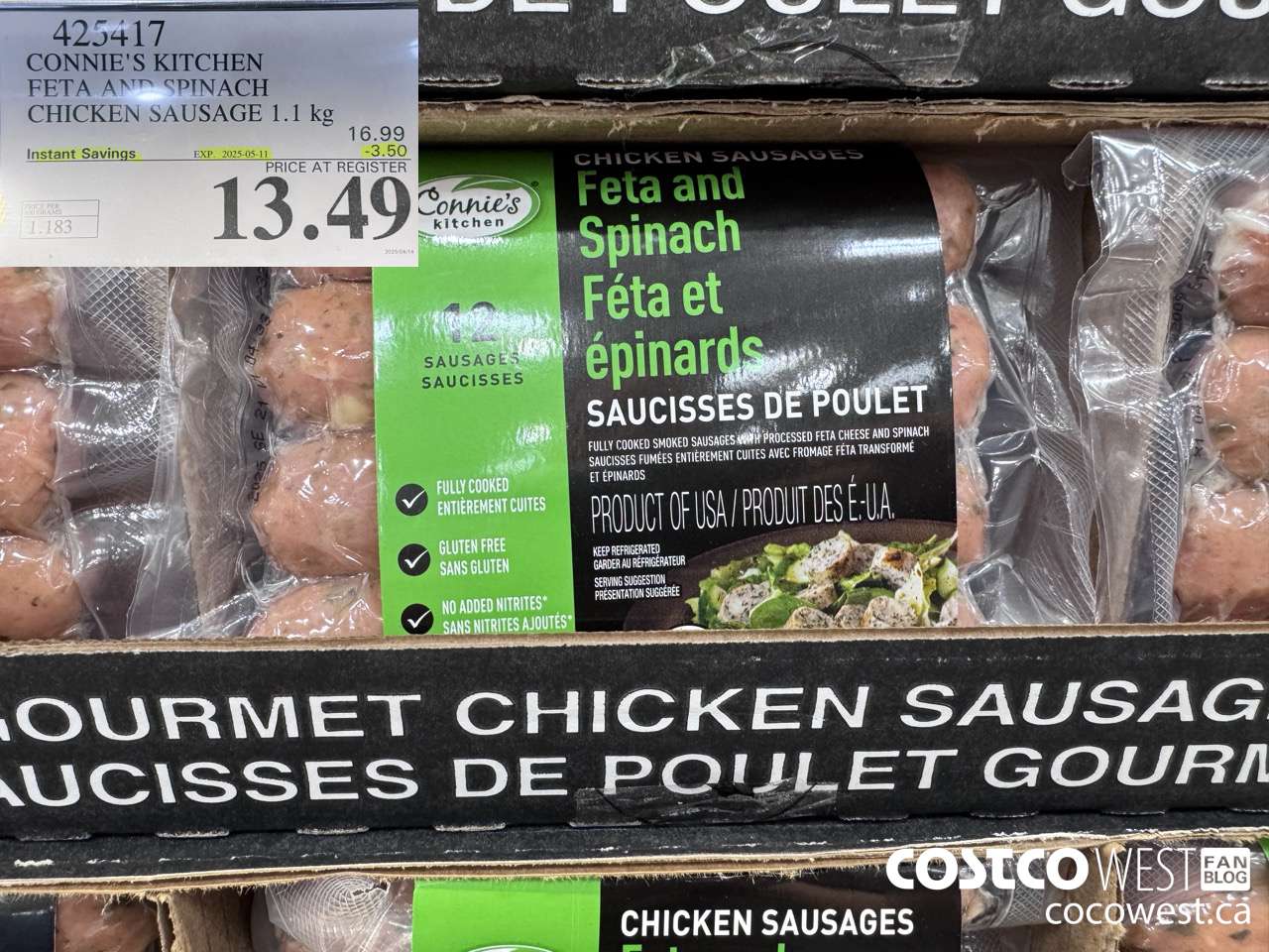425417 CONNIE'S KITCHEN FETA AND SPINACH CHICKEN SAUSAGE 1.1 kg ($3.50 INSTANT SAVINGS EXPIRES ON 2025-05-11) $13.49