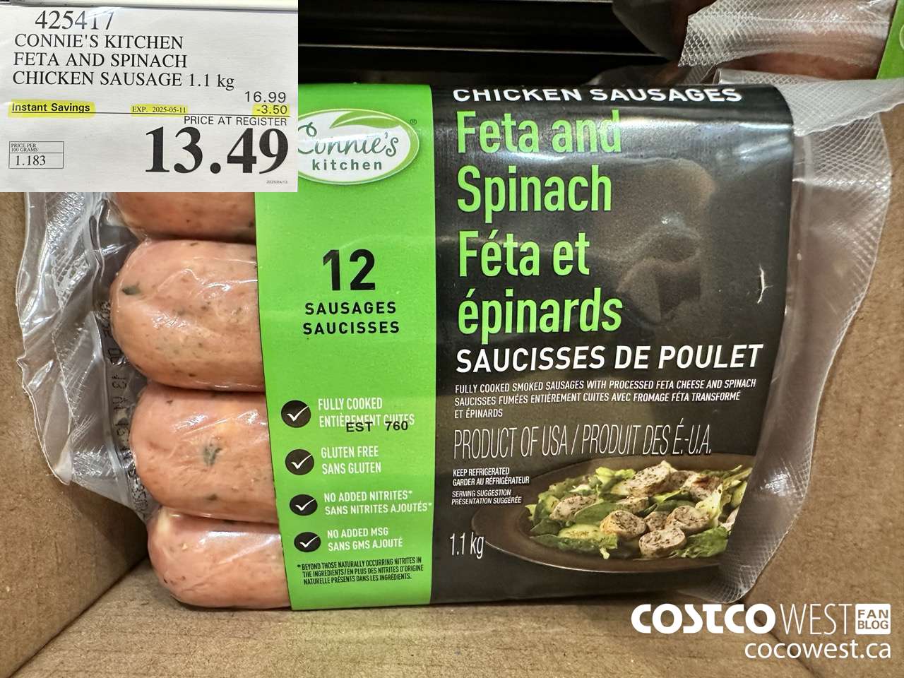 425417 CONNIE'S KITCHEN FETA AND SPINACH CHICKEN SAUSAGE 1.1 kg ($3.50 INSTANT SAVINGS EXPIRES ON 2025-05-11) $13.49