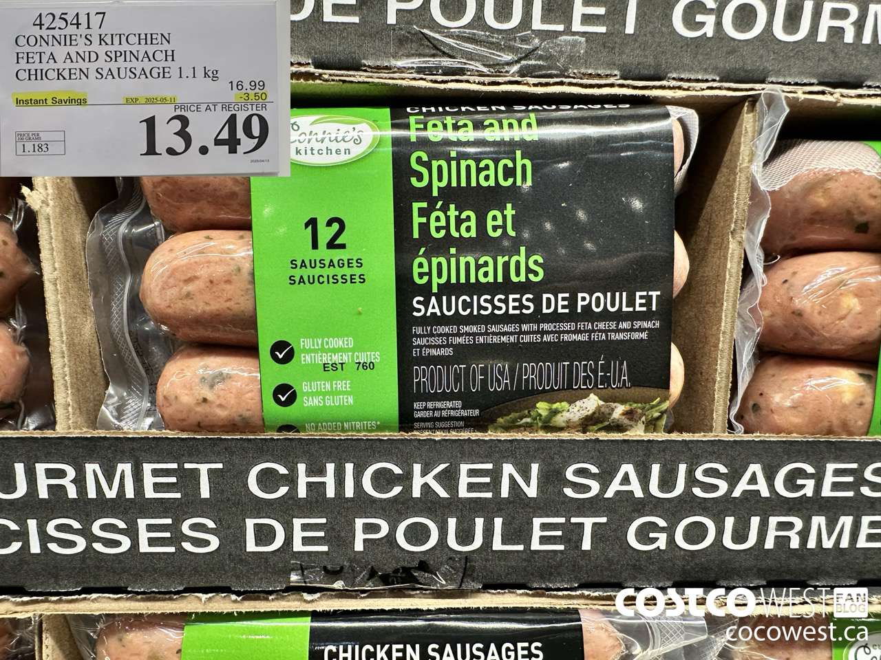 425417 CONNIE'S KITCHEN FETA AND SPINACH CHICKEN SAUSAGE 1.1 kg ($3.50 INSTANT SAVINGS EXPIRES ON 2025-05-11) $13.49