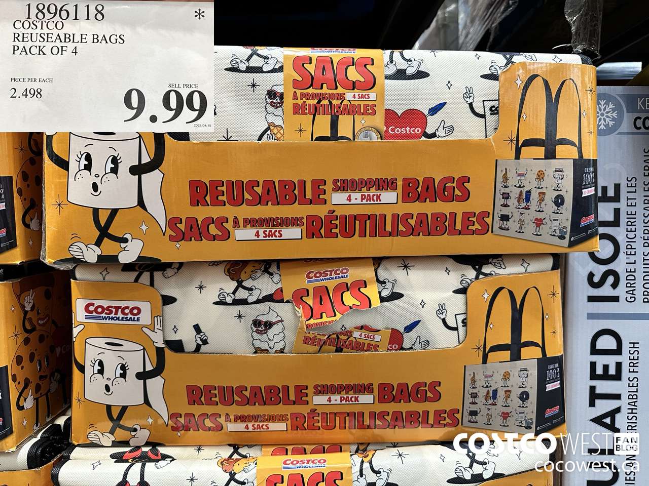 1896118 COSTCO REUSEABLE BAGS PACK OF 4 $9.99