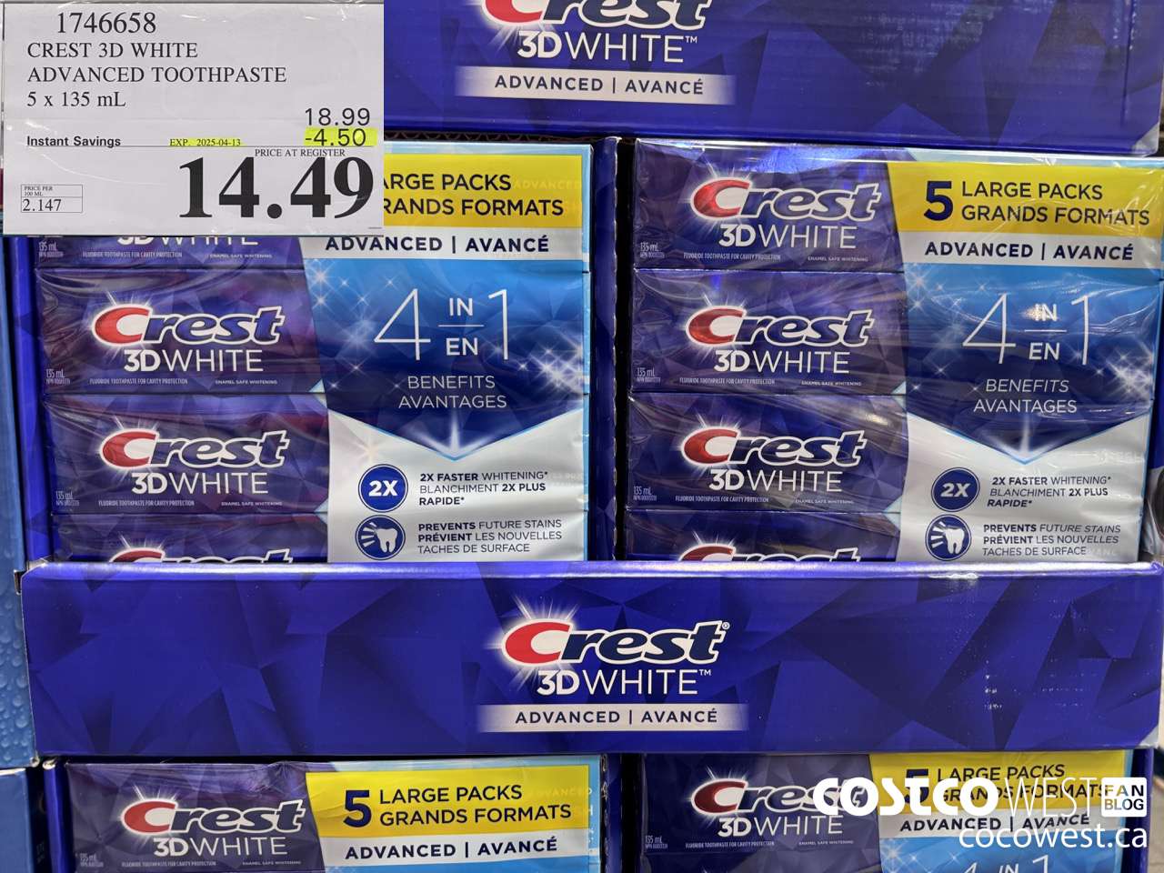 1746658 CREST 3D WHITE ADVANCED TOOTHPASTE 5 X 135ML ($4.50 INSTANT SAVINGS EXPIRES ON 2025-04-13) $14.49