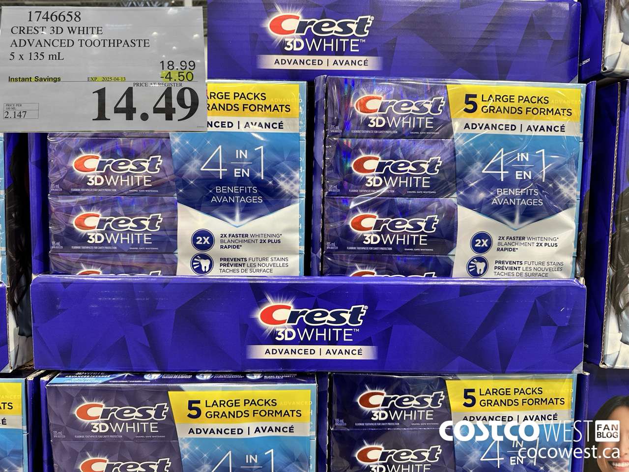 1746658 CREST 3D WHITE ADVANCED TOOTHPASTE 5 X 135ML ($4.50 INSTANT SAVINGS EXPIRES ON 2025-04-13) $14.49