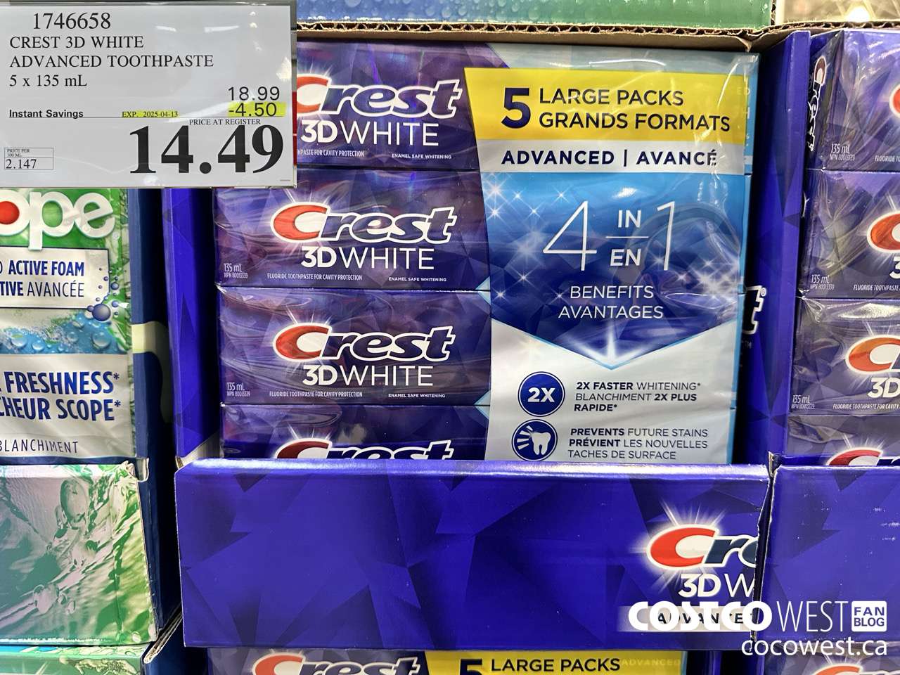 1746658 CREST 3D WHITE ADVANCED TOOTHPASTE 5 X 135ML ($4.50 INSTANT SAVINGS EXPIRES ON 2025-04-13) $14.49