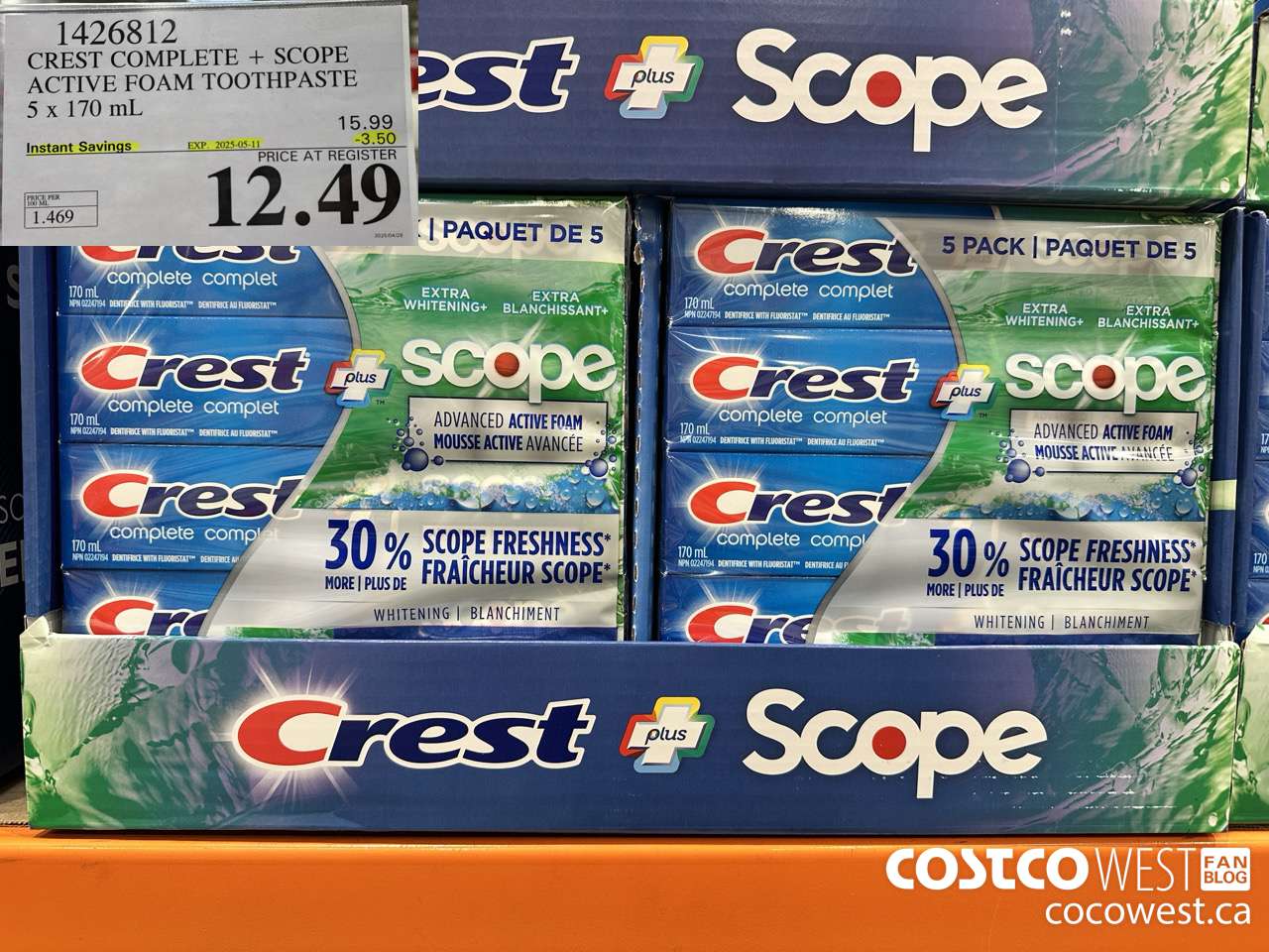 1426812 CREST COMPLETE + SCOPE ACTIVE FOAM TOOTHPASTE 5 x 170ml  ($3.50 INSTANT SAVINGS EXPIRES ON 2025-05-11) $12.49