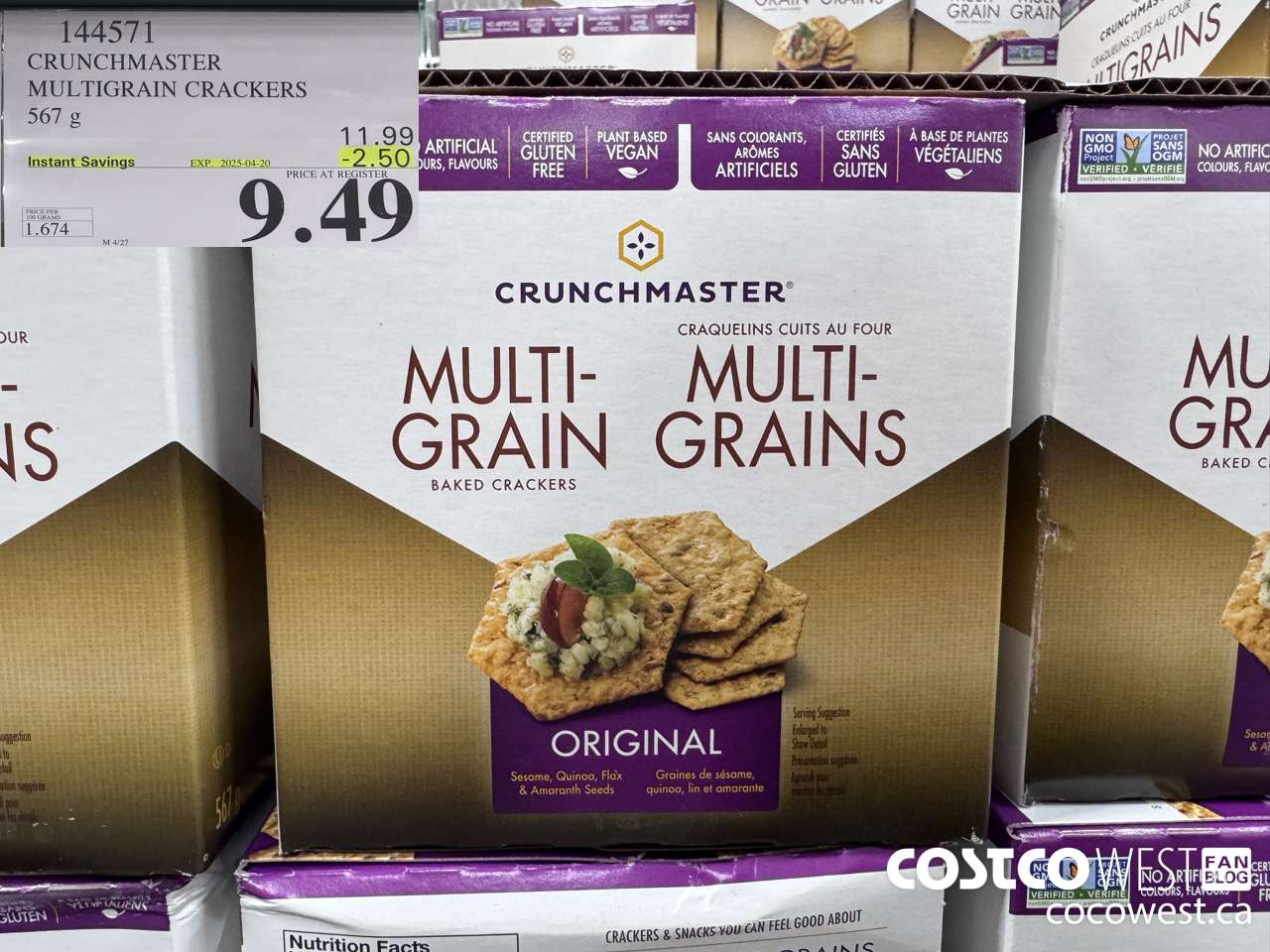 144571 CRUNCHMASTER MULTIGRAIN CRACKERS 567 G ($2.50 INSTANT SAVINGS EXPIRES ON 2025-04-20) $9.49