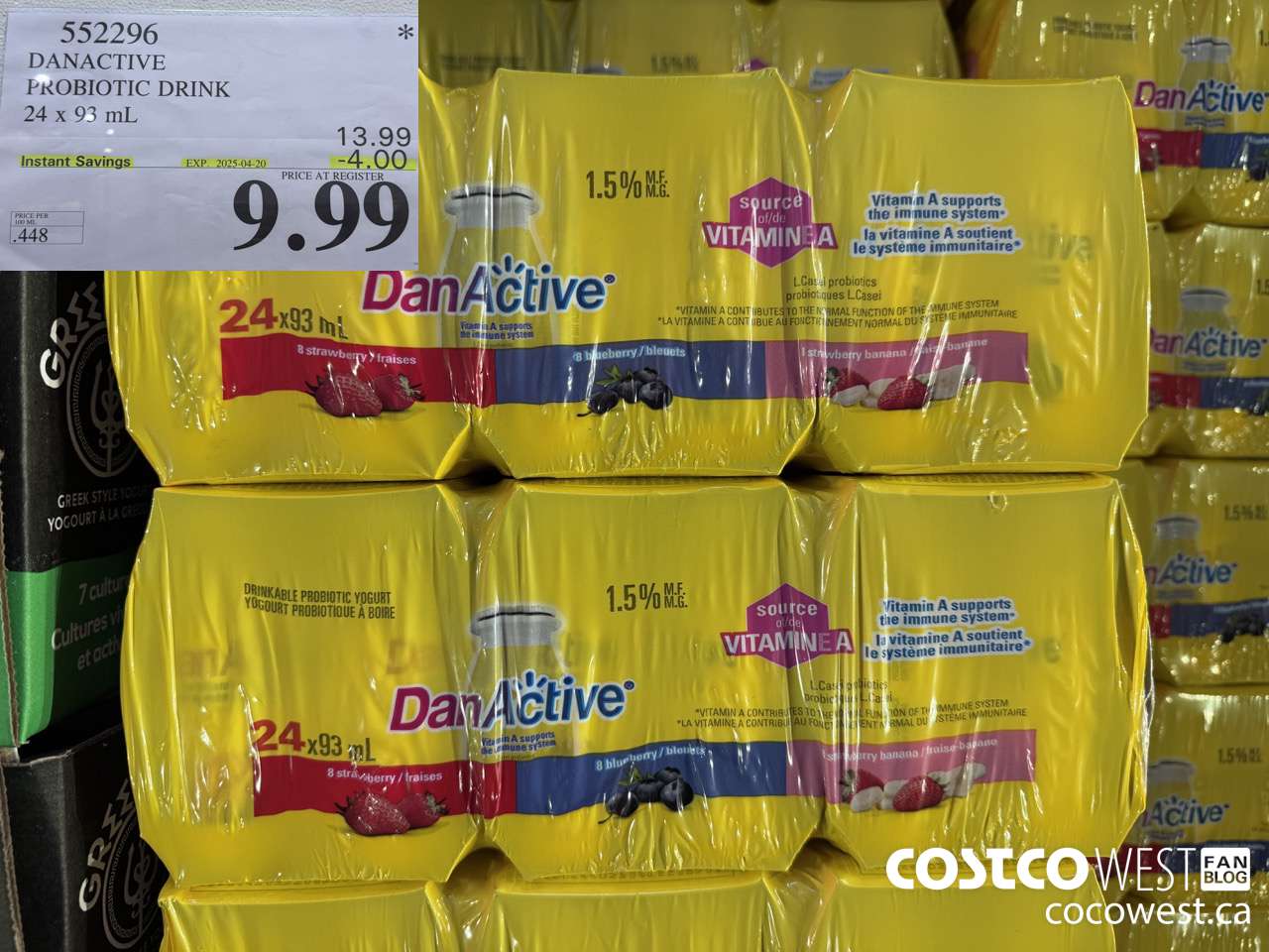 552296 DANACTIVE PROBIOTIC DRINK 24 x 93 mL ($4.00 INSTANT SAVINGS EXPIRES ON 2025-04-20) $9.99