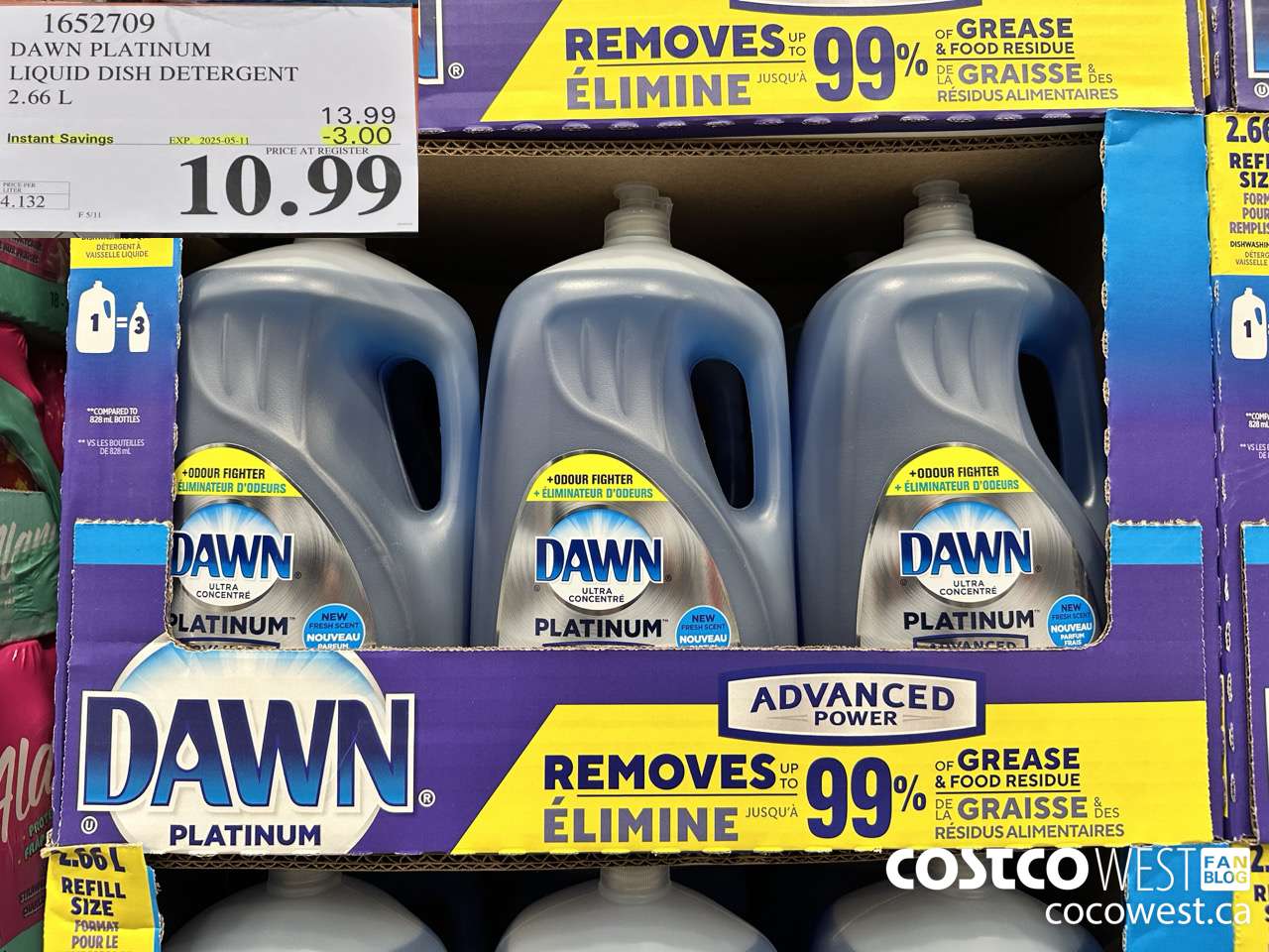 1652709 DAWN PLATINUM LIQUID DISH DETERGENT 2.66L ($3.00 INSTANT SAVINGS EXPIRES ON 2025-05-11) $10.99