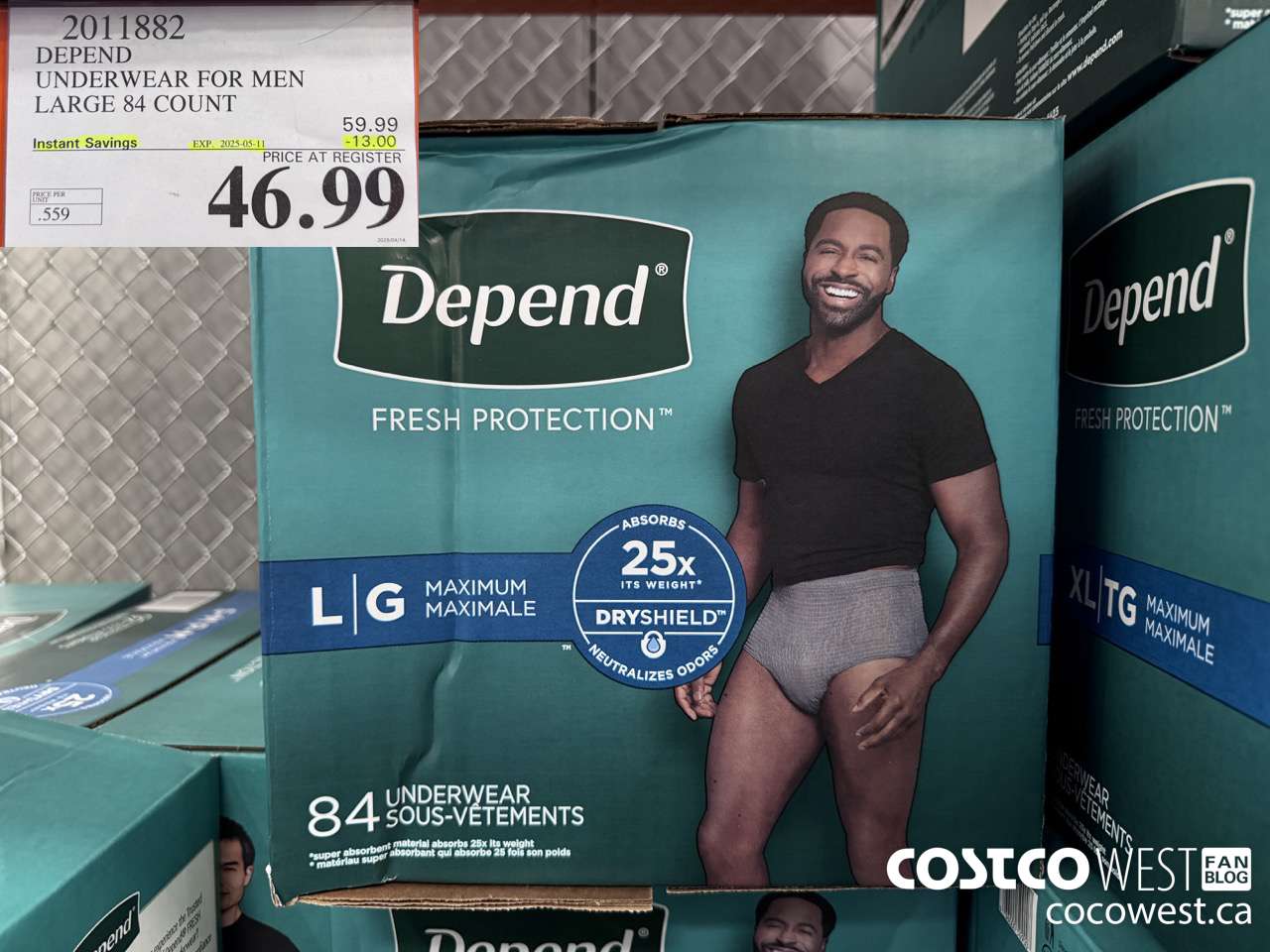2011882 DEPEND UNDERWEAR FOR MEN LARGE 84 COUNT ($13.00 INSTANT SAVINGS EXPIRES ON 2025-05-11) $46.99