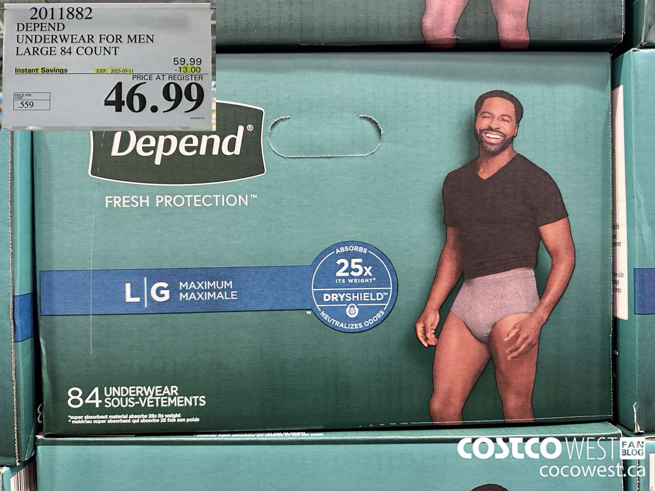 2011882 DEPEND UNDERWEAR FOR MEN LARGE 84 COUNT ($13.00 INSTANT SAVINGS EXPIRES ON 2025-05-11) $46.99