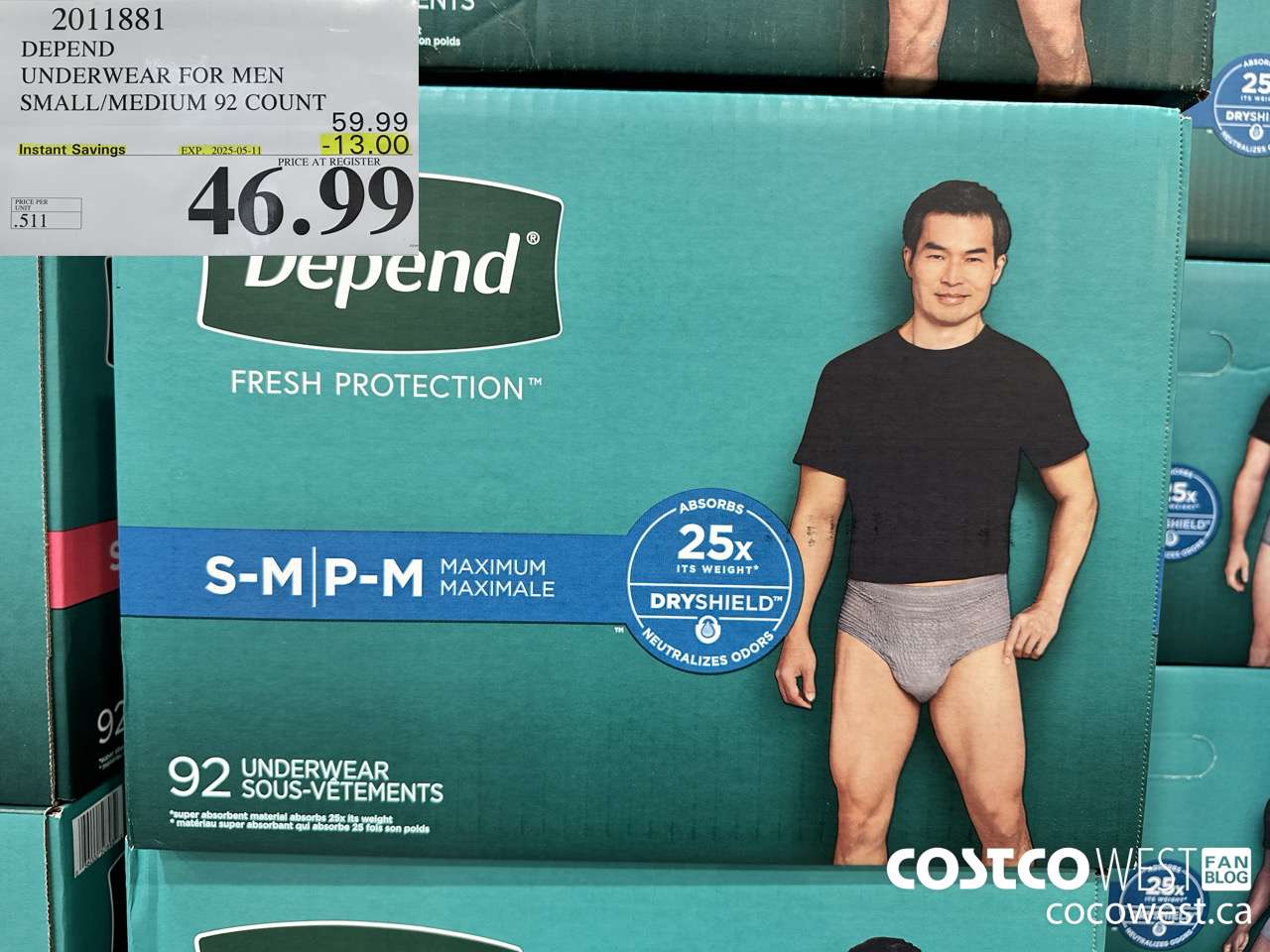 2011881 DEPEND UNDERWEAR FOR MEN S/M 92 COUNT ($13.00 INSTANT SAVINGS EXPIRES ON 2025-05-11) $46.99