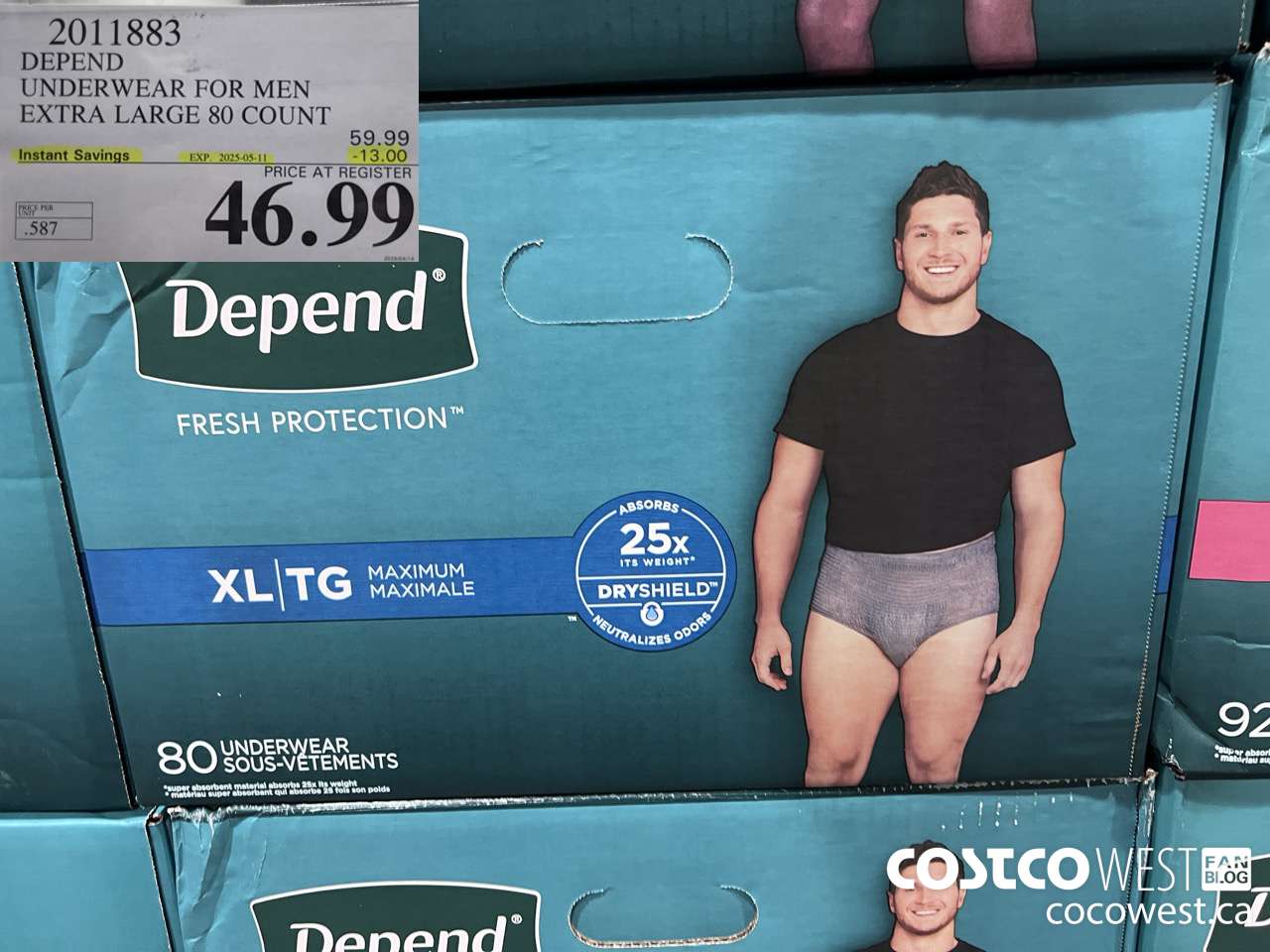 2011883 DEPEND UNDERWEAR FOR MEN X-LARGE 80 COUNT ($13.00 INSTANT SAVINGS EXPIRES ON 2025-05-11) $46.99