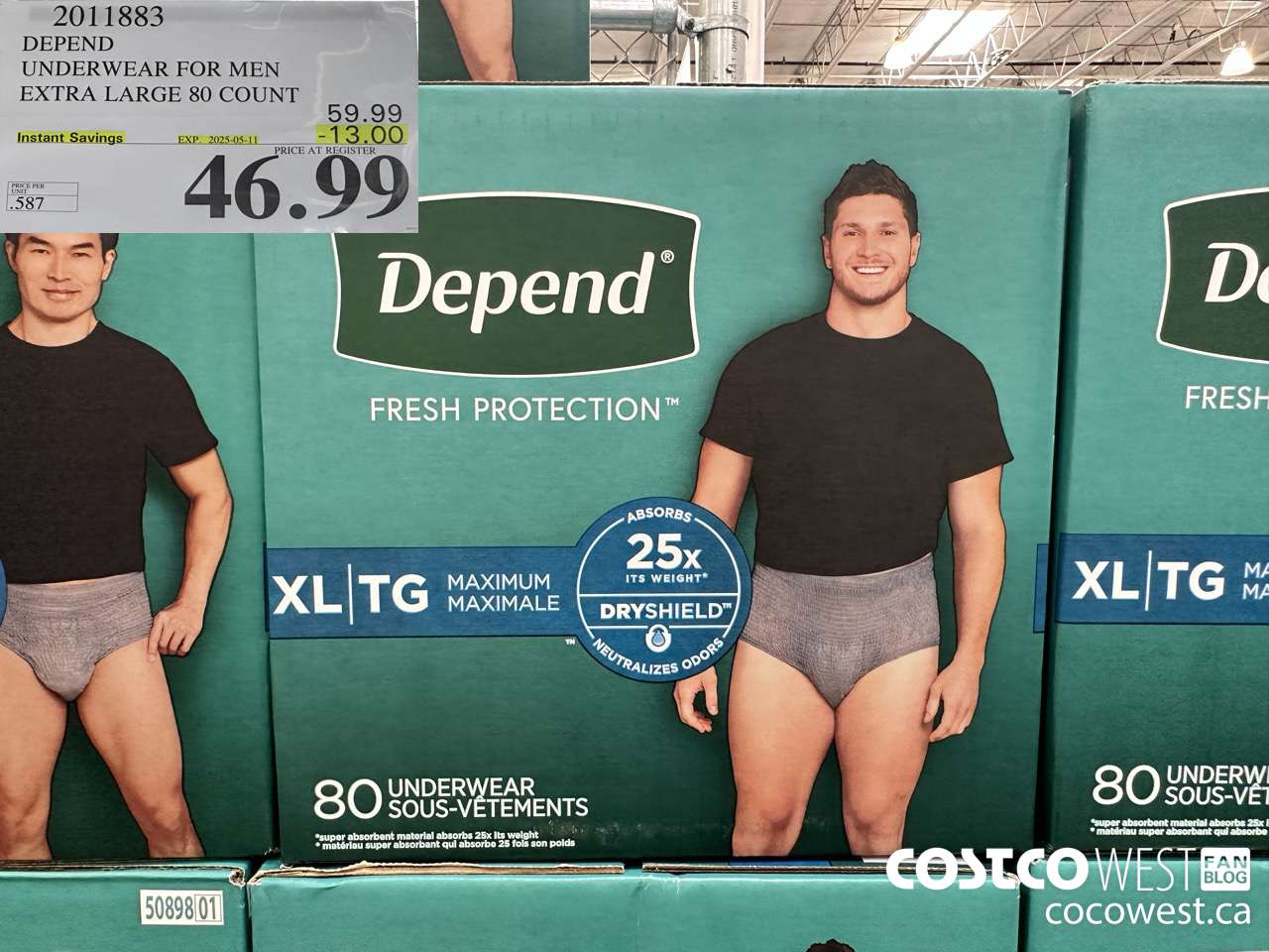 2011883 DEPEND UNDERWEAR FOR MEN X-LARGE 80 COUNT ($13.00 INSTANT SAVINGS EXPIRES ON 2025-05-11) $46.99