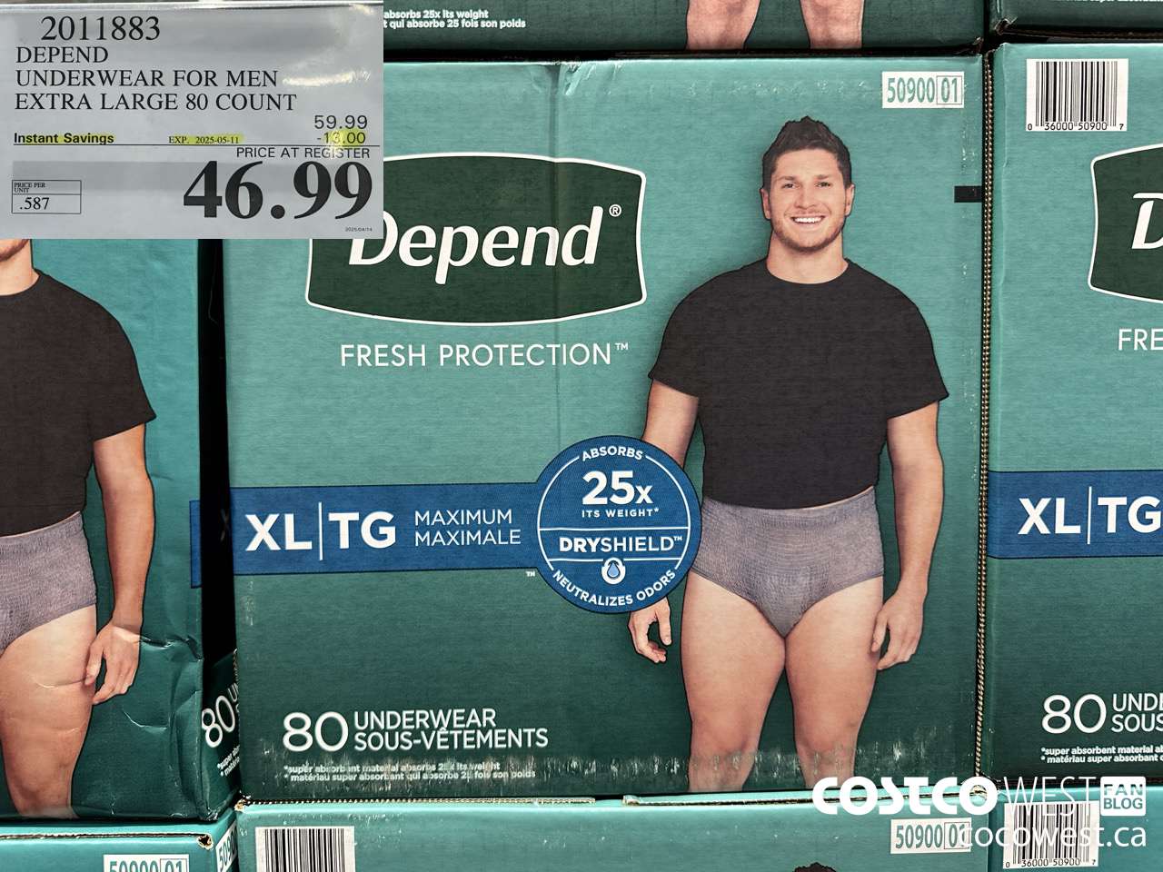 2011883 DEPEND UNDERWEAR FOR MEN X-LARGE 80 COUNT ($13.00 INSTANT SAVINGS EXPIRES ON 2025-05-11) $46.99