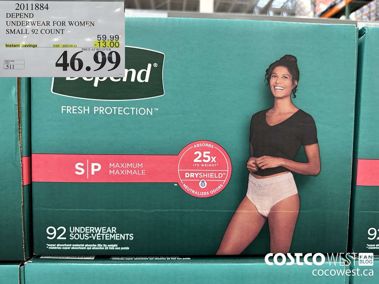 2011884 DEPEND UNDERWEAR FOR WOMEN SMALL 92 COUNT ($13.00 INSTANT SAVINGS EXPIRES ON 2025-05-11) $46.99