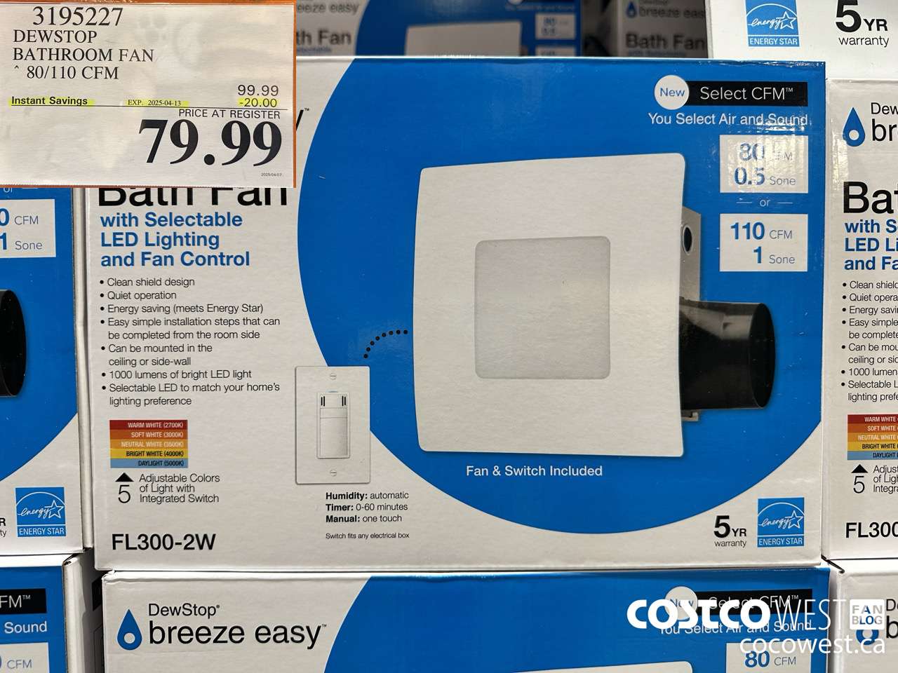 3195227 DEWSTOP BATHROOM FAN & SWITCH 80/110 CFM ($20.00 INSTANT SAVINGS EXPIRES ON 2025-04-13) $79.99
