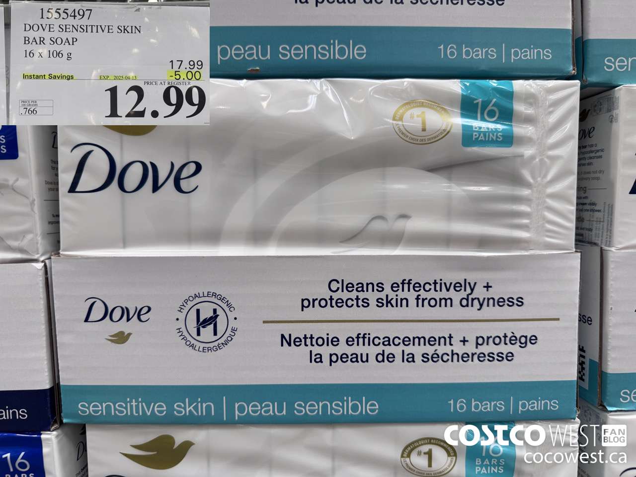 1555497 DOVE BAR SOAP SENSITIVE SKIN 16 x 106 g ($5.00 INSTANT SAVINGS EXPIRES ON 2025-04-13) $12.99
