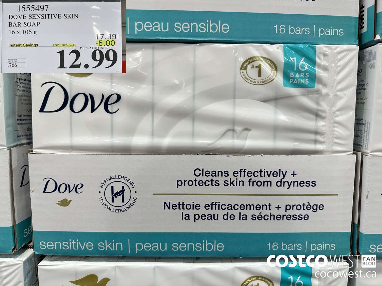 1555497 DOVE BAR SOAP SENSITIVE SKIN 16 x 106 g ($5.00 INSTANT SAVINGS EXPIRES ON 2025-04-13) $12.99