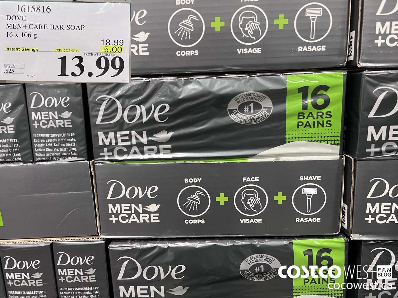 1615816 DOVE MEN +CARE BAR SOAP 16 X 106 G ($5.00 INSTANT SAVINGS EXPIRES ON 2025-05-11) $13.99