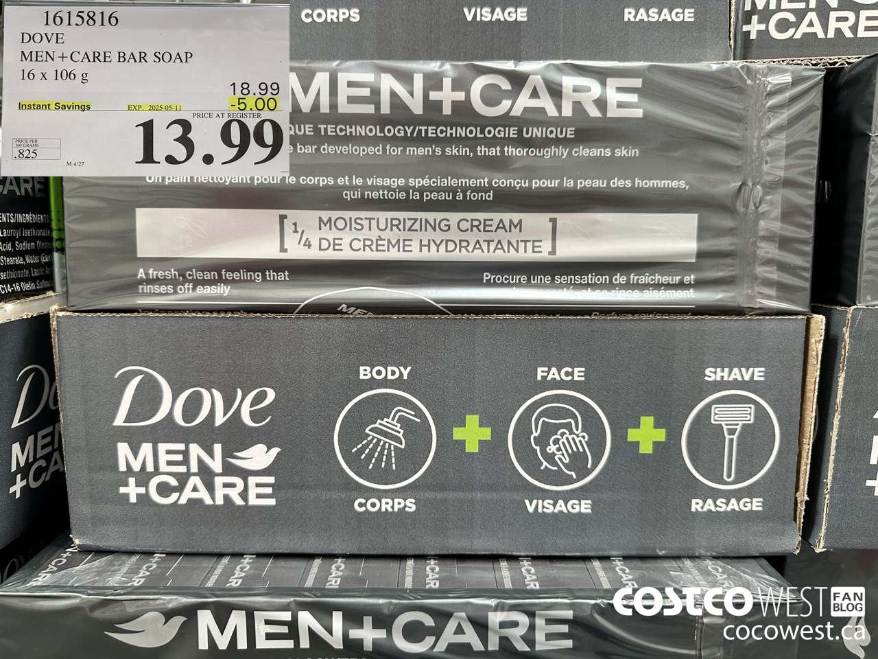1615816 DOVE MEN +CARE BAR SOAP 16 X 106 G ($5.00 INSTANT SAVINGS EXPIRES ON 2025-05-11) $13.99