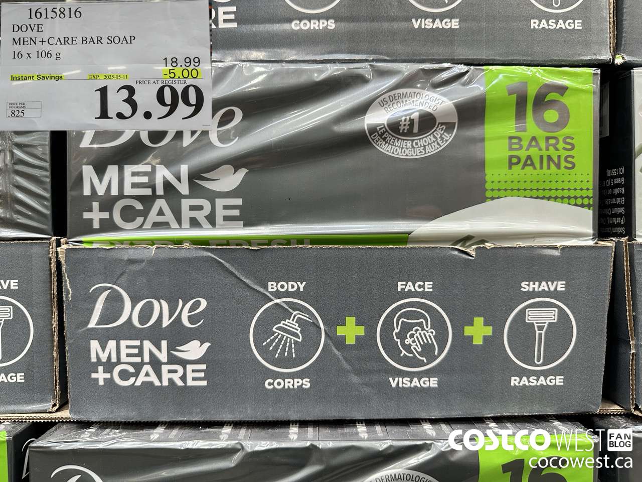 1615816 DOVE MEN +CARE BAR SOAP 16 X 106 G ($5.00 INSTANT SAVINGS EXPIRES ON 2025-05-11) $13.99