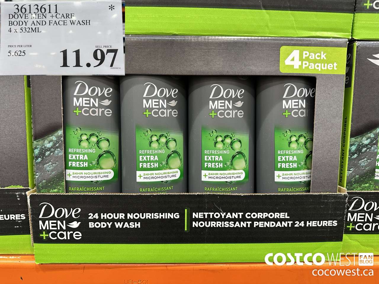 3613611 DOVE MEN +CARE BODY AND FACE WASH 4 X 532ML $11.97