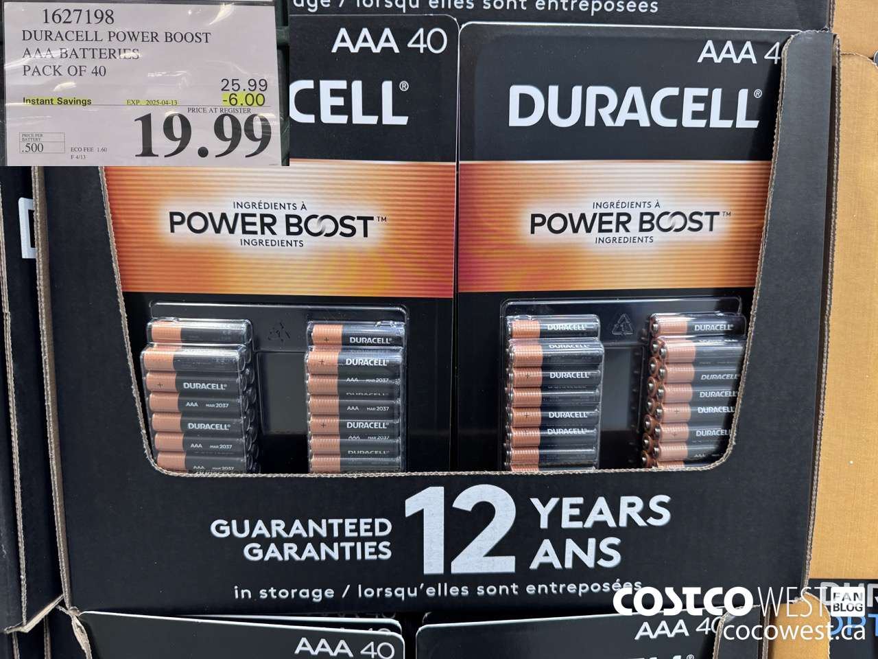 1627198 DURACELL POWER BOOST AAA BATTERIES PACK OF 40 ($6.00 INSTANT SAVINGS EXPIRES ON 2025-04-13) $19.99