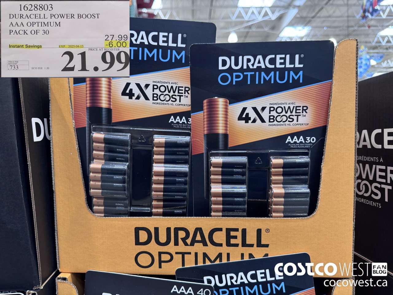 1628803 DURACELL POWER BOOST AAA OPTIMUM PACK OF 30 ($6.00 INSTANT SAVINGS EXPIRES ON 2025-04-13) $21.99