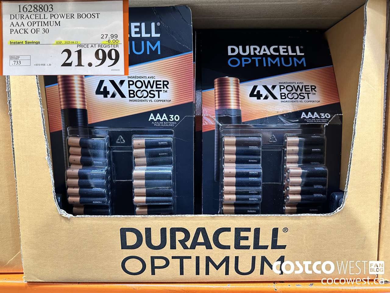1628803 DURACELL POWER BOOST AAA OPTIMUM PACK OF 30 ($6.00 INSTANT SAVINGS EXPIRES ON 2025-04-13) $21.99