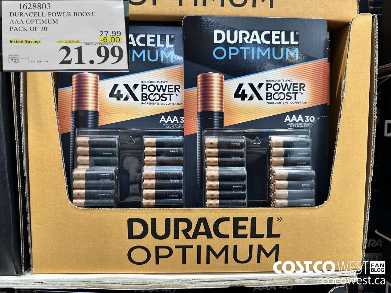 1628803 DURACELL POWER BOOST AAA OPTIMUM PACK OF 30 ($6.00 INSTANT SAVINGS EXPIRES ON 2025-04-13) $21.99