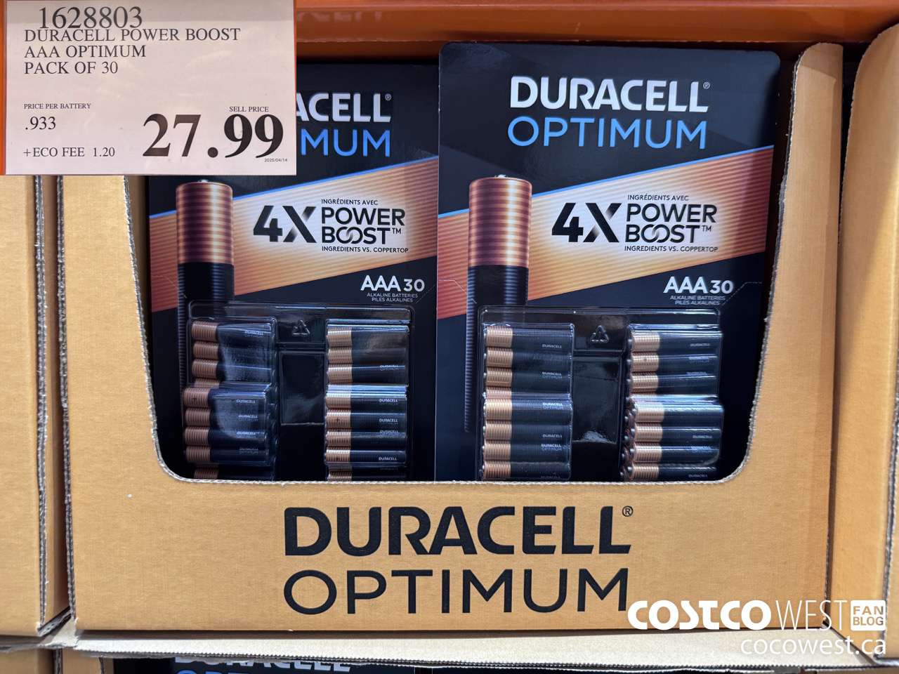 1628803 DURACELL POWER BOOST AAA OPTIMUM PACK OF 30 $27.99