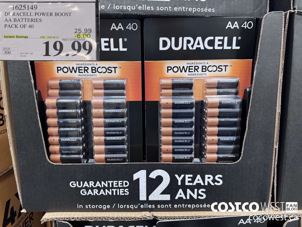 1625149 DURACELL POWER BOOST AA BATTERIES PACK OF 40 ($6.00 INSTANT SAVINGS EXPIRES ON 2025-04-13) $19.99