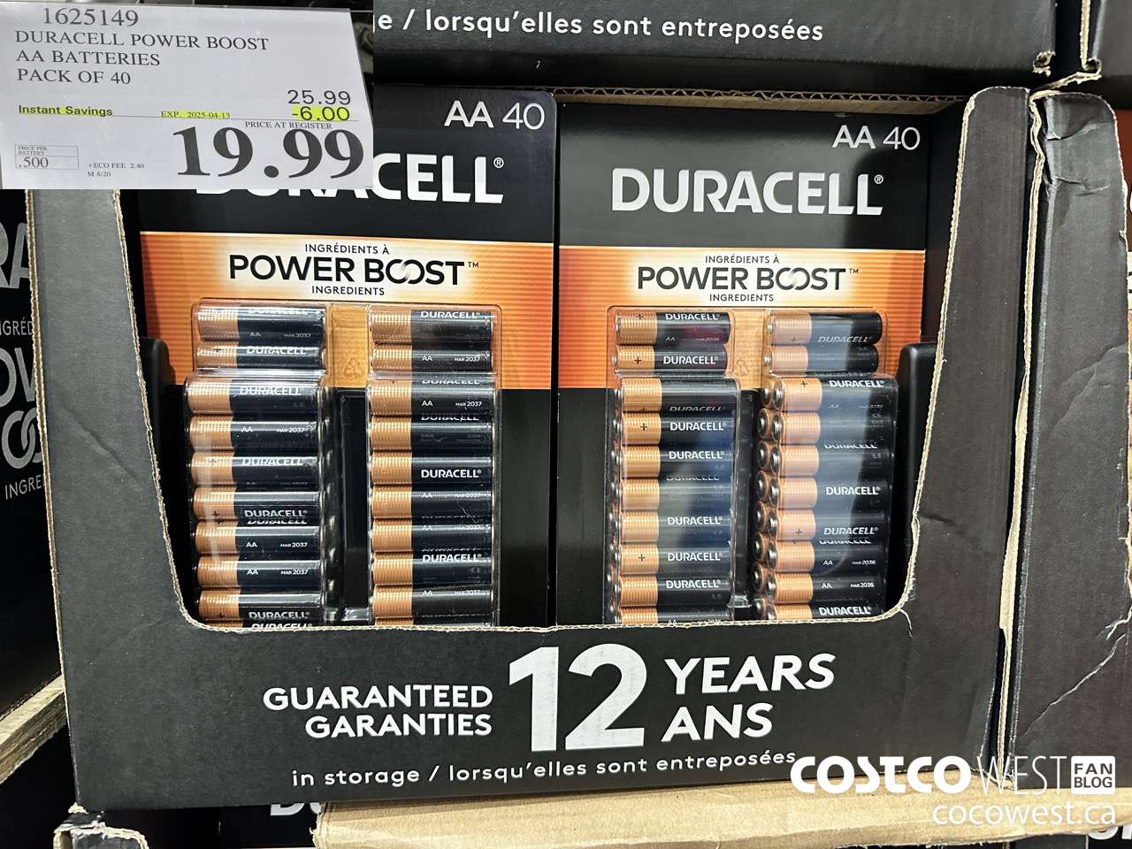 1625149 DURACELL POWER BOOST AA BATTERIES PACK OF 40 ($6.00 INSTANT SAVINGS EXPIRES ON 2025-04-13) $19.99