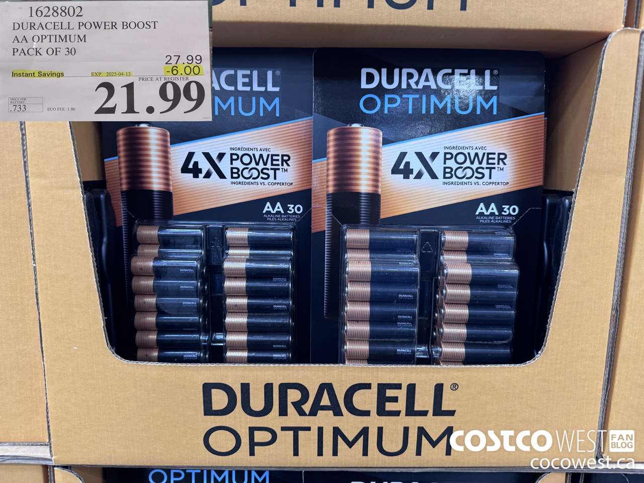 1628802 DURACELL POWER BOOST AA OPTIMUM PACK OF 30 ($6.00 INSTANT SAVINGS EXPIRES ON 2025-04-13) $21.99