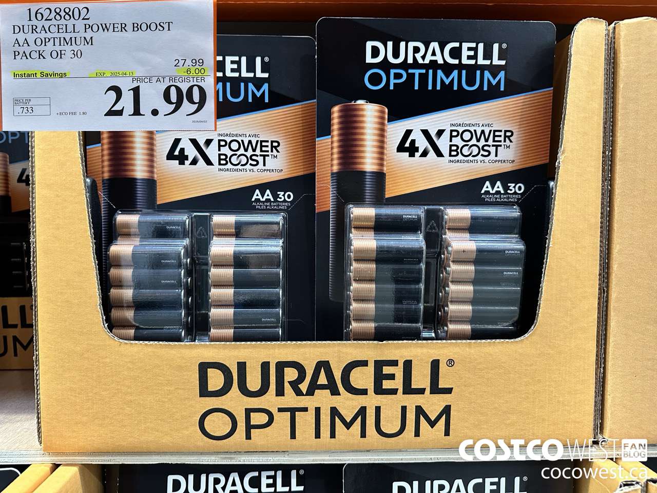 1628802 DURACELL POWER BOOST AA OPTIMUM PACK OF 30 ($6.00 INSTANT SAVINGS EXPIRES ON 2025-04-13) $21.99
