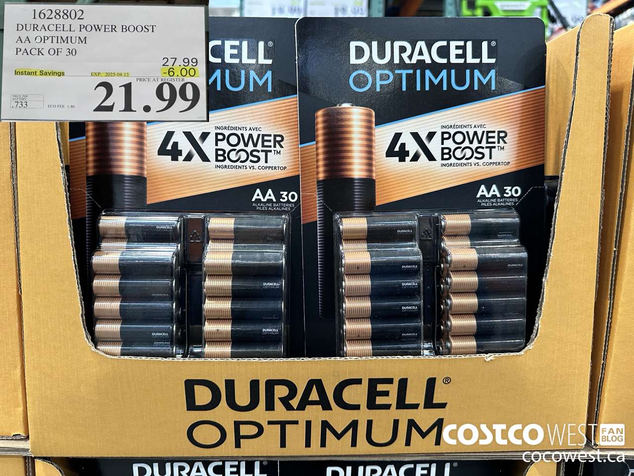 1628802 DURACELL POWER BOOST AA OPTIMUM PACK OF 30 ($6.00 INSTANT SAVINGS EXPIRES ON 2025-04-13) $21.99