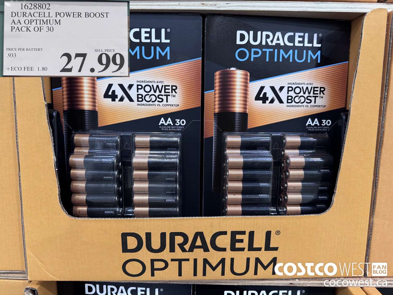 1628802 DURACELL POWER BOOST AA OPTIMUM PACK OF 30 $27.99