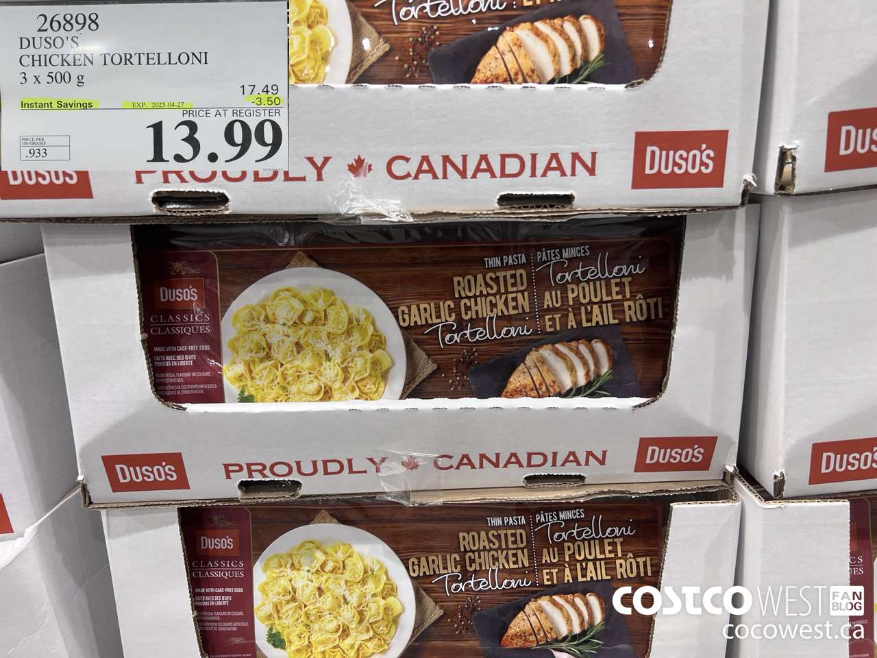 26898 DUSO'S CHICKEN TORTELLONI 3 x 500 g ($3.50 INSTANT SAVINGS EXPIRES ON 2025-04-27) $13.99