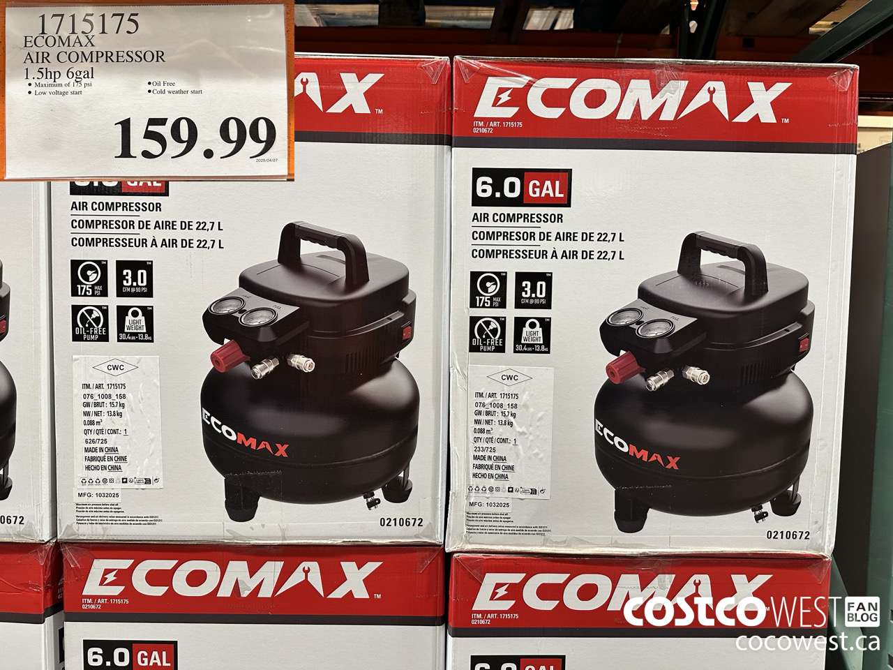 1715175 ECOMAX AIR COMPRESSOR 1.5HP 6GAL $159.99