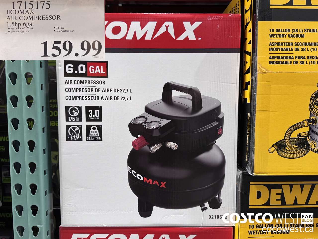 1715175 ECOMAX AIR COMPRESSOR 1.5HP 6GAL $159.99
