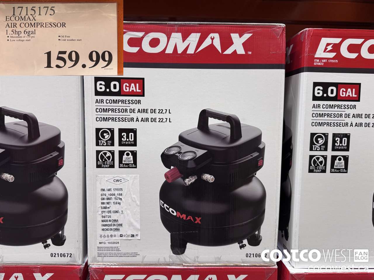 1715175 ECOMAX AIR COMPRESSOR 1.5HP 6GAL $159.99