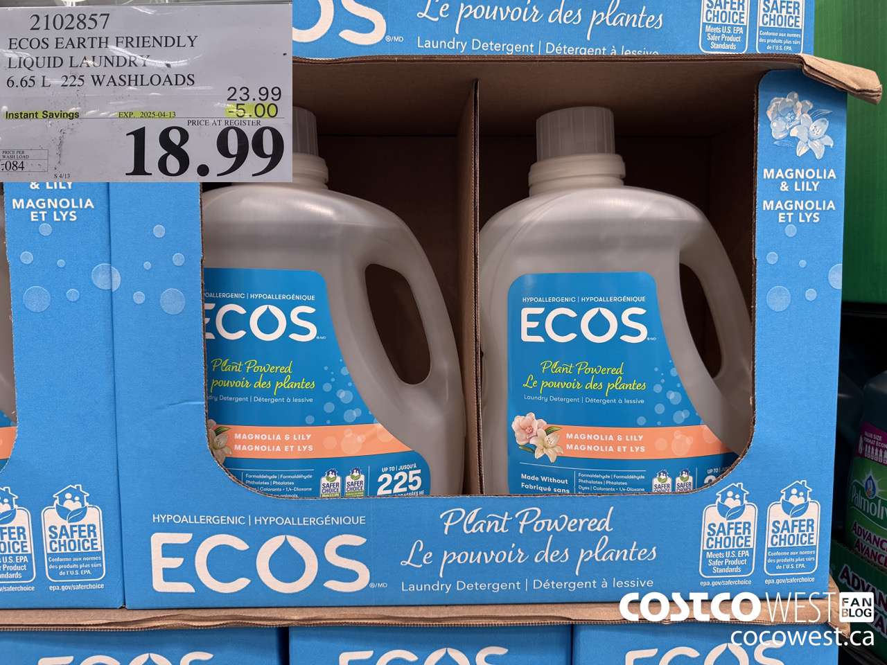 2102857 ECOS EARTH FRIENDLY LIQUID LAUNDRY 6.65 L 225 WASHLOADDS ($5.00 INSTANT SAVINGS EXPIRES ON 2025-04-13) $18.99