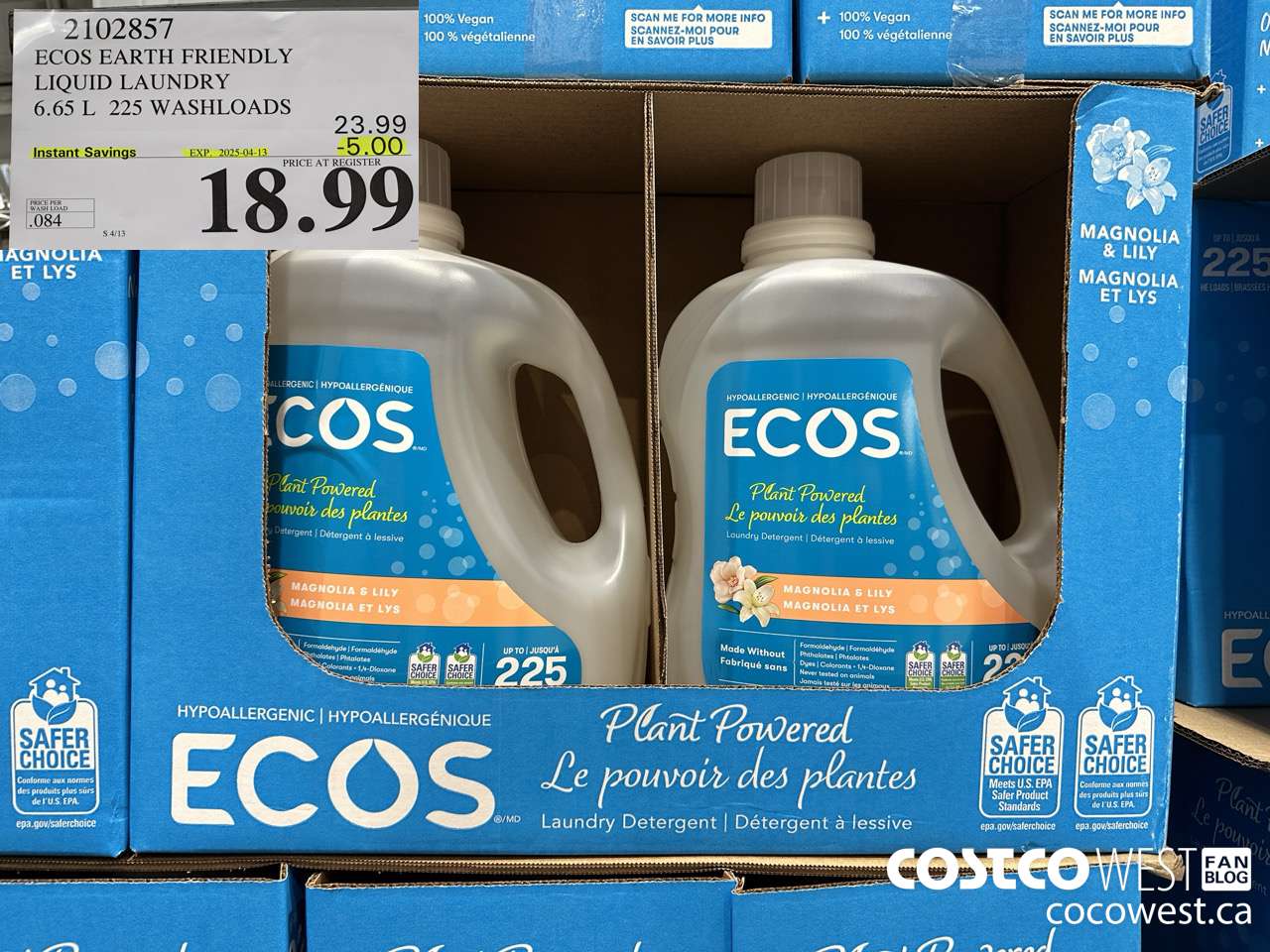 2102857 ECOS EARTH FRIENDLY LIQUID LAUNDRY 6.65 L 225 WASHLOADDS ($5.00 INSTANT SAVINGS EXPIRES ON 2025-04-13) $18.99