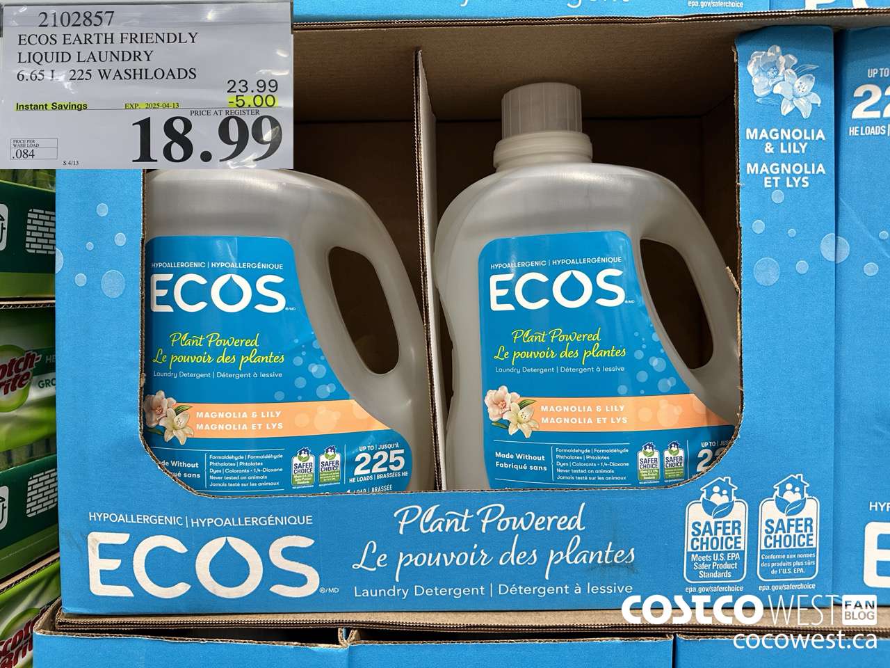 2102857 ECOS EARTH FRIENDLY LIQUID LAUNDRY 6.65 L 225 WASHLOADDS ($5.00 INSTANT SAVINGS EXPIRES ON 2025-04-13) $18.99