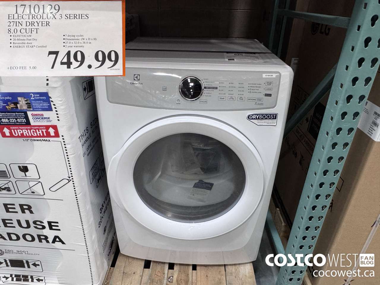 1710129 ELECTROLUX ELFE733CAW 8.0CUFT WHT ELEC CRYER COSTO.CA ONLY $849.99