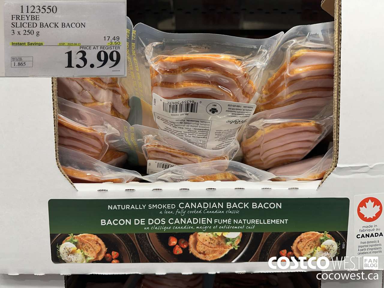 1123550 FREYBE SLICED BACK BACON 3 x 250 g ($3.50 INSTANT SAVINGS EXPIRES ON 2025-04-13) $13.99
